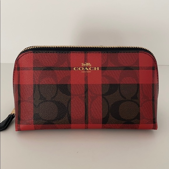 Coach Signature Red Field Plaid Cosmetic Case - Picture 1 of 16